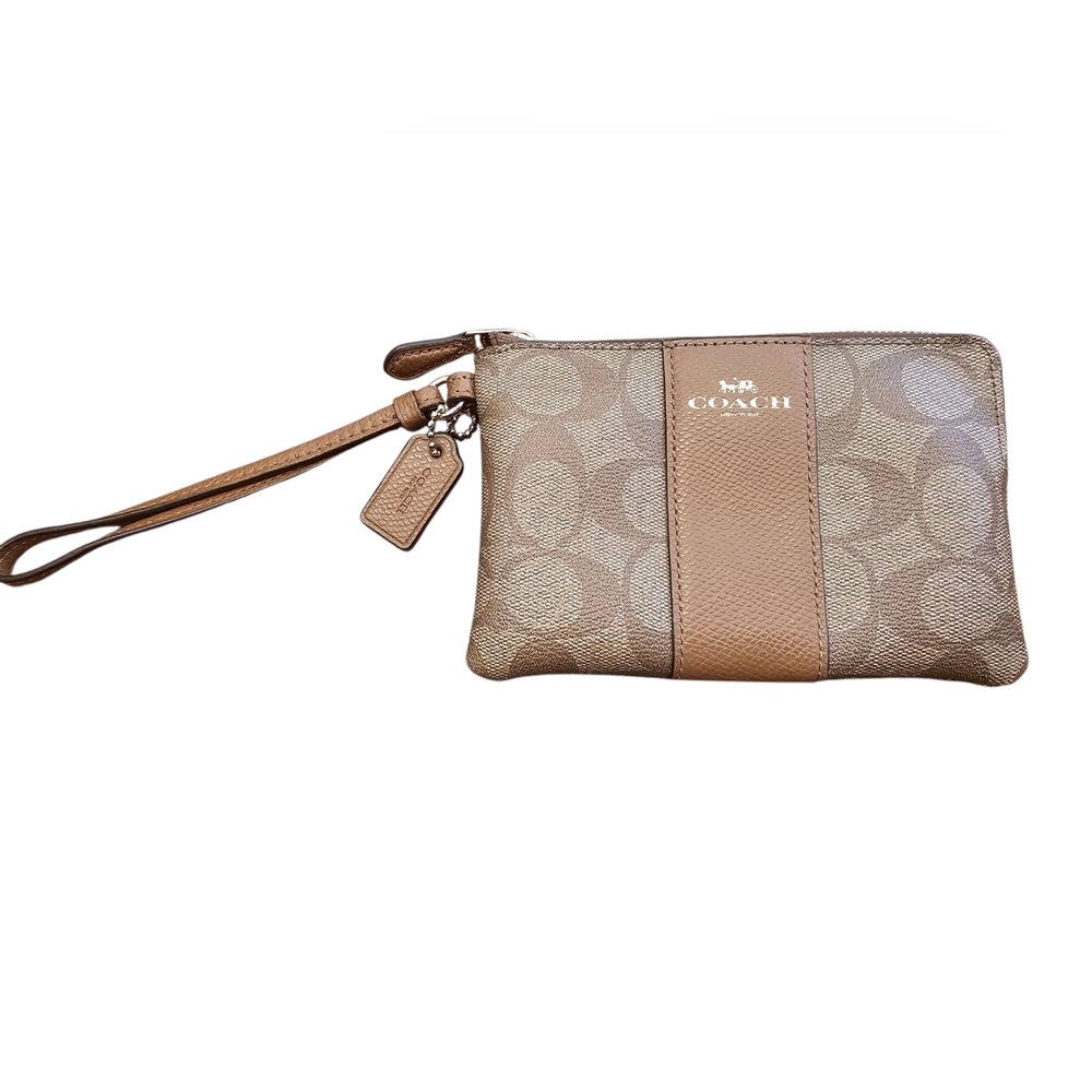 Coach Signature Corner Zip Wristlet Coated Camel Brown & Beige